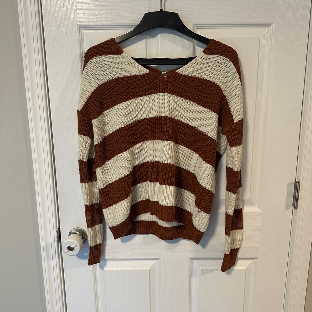 Striped V-Neck Knit Sweater in Burnt Orange and Cream